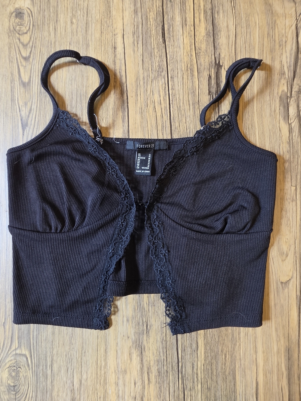 Forever 21 Black Ribbed Lace-Trim Cropped Camisole